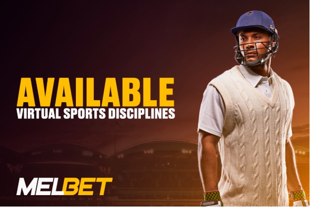 Advert banner showing a cricketer in a white sweater and helmet with the text 'AVAILABLE VIRTUAL SPORTS DISCIPLINES' for Melbet, set against a sunset background.