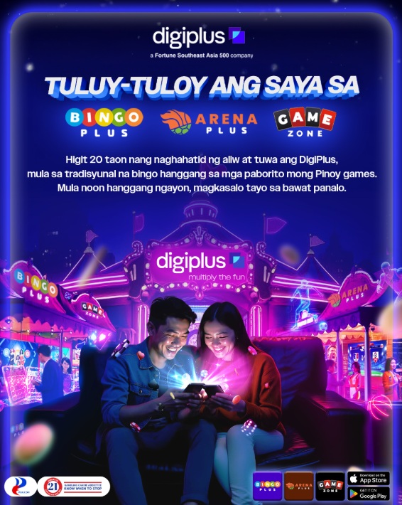 Bright poster promoting digiplus gaming venues (Bingo Plus, Arena Plus, Game Zone) with a couple playing on a phone in a neon arcade.