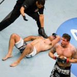 Frank Mir walks away after snappy Antonio "Minotauro" Nogueira's arm