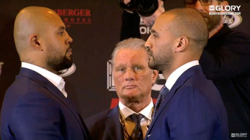Badr Hari and hesdy Gerges sqaure off at GLORY 51 Rotterdam presser