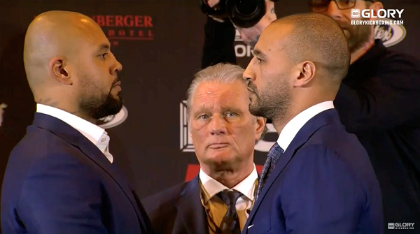 Badr Hari and hesdy Gerges sqaure off at GLORY 51 Rotterdam presser