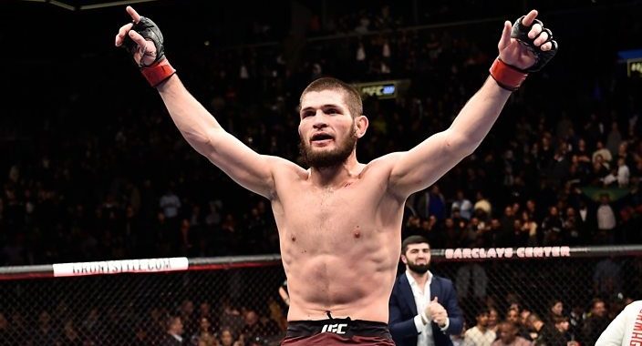 Khabib Nurmagomedov celebrates following his UFC 223 victory.