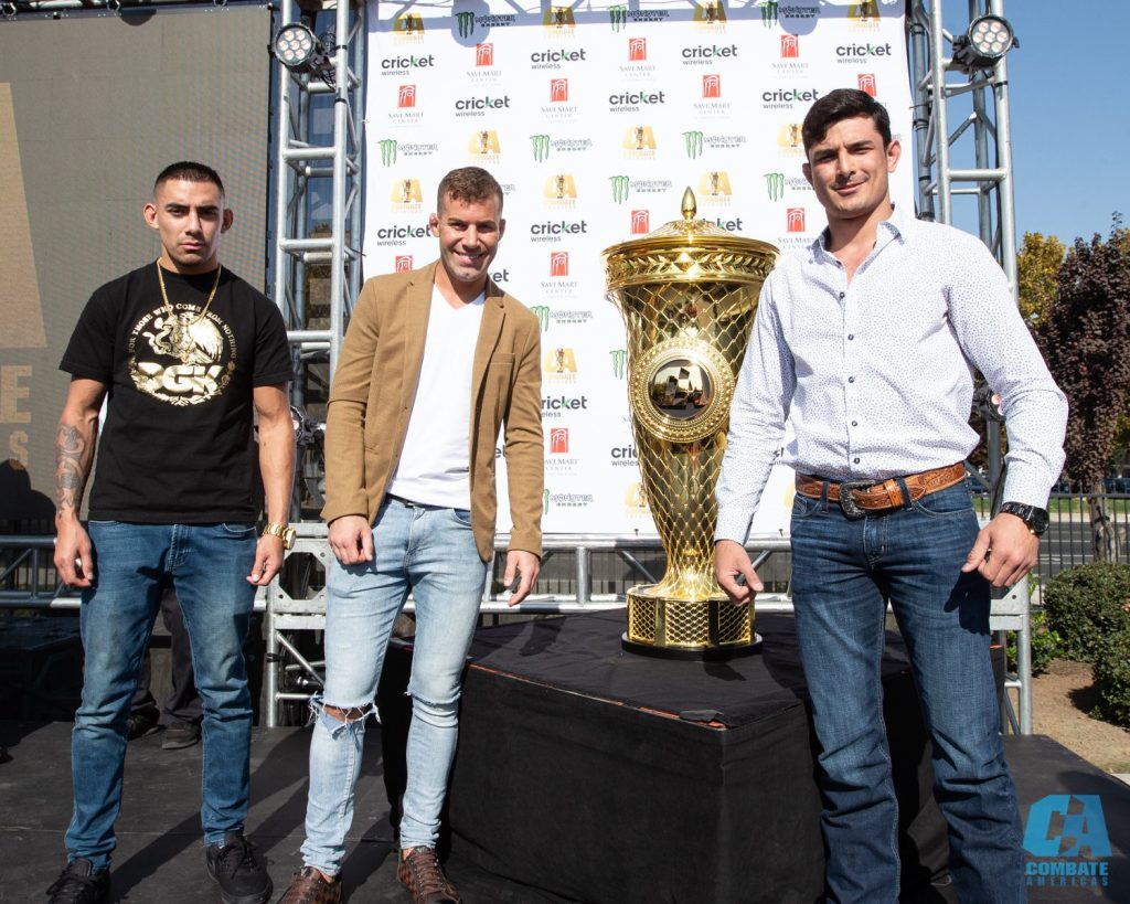 "COPA COMBATE" tournament fighters Andres Quintana (USA), Gaston Reyno (Uruguay) and Alejandro Flores (Mexico) were on hand today for the 2018 "COPA COMBATE" kick-off press conference that took place at the Mexican Consulate in Fresno, Calif. in promotion of the event that takes place on Friday, Dec. 7. At the press conference, the tournament winner's cup (pictured below) - the largest trophy in sports - was unveiled, and the names of the remainder of the 145-pouund fighters that will complete the tournament field, were revealed.