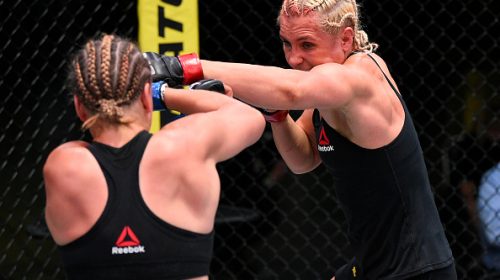 Yana Kunitskaya controls the fight against Julija Stoliarenko