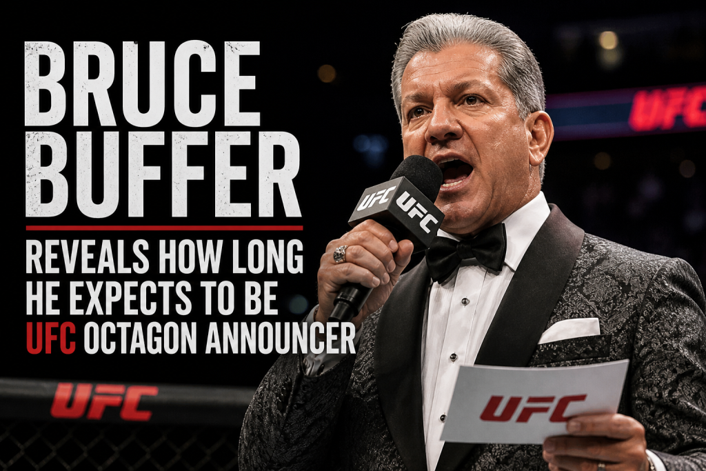 UFC announcer speaks into a microphone on stage, with a large bold headline about his UFC tenure on the left.
