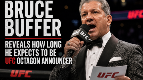 UFC announcer speaks into a microphone on stage, with a large bold headline about his UFC tenure on the left.