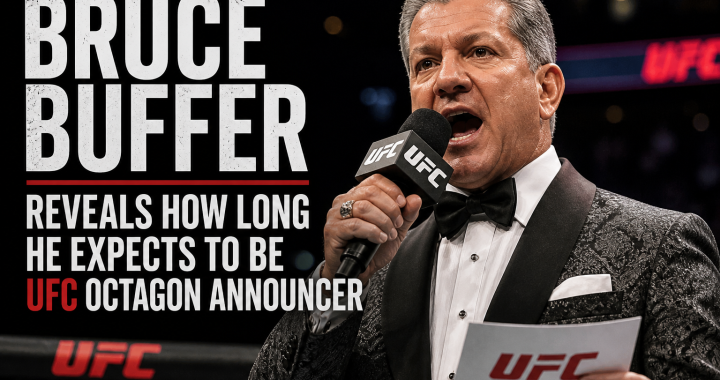 UFC announcer speaks into a microphone on stage, with a large bold headline about his UFC tenure on the left.