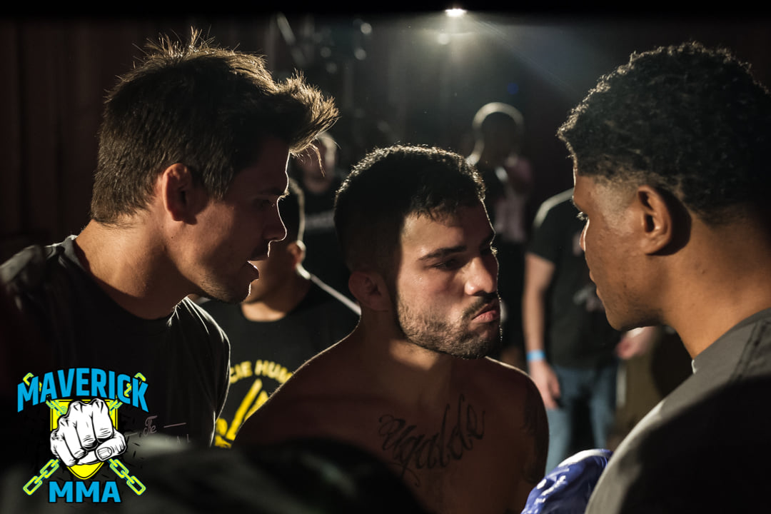 Mickey Gall left hypes of Josh Ugalde center as he walks to cage for Maverick 17 Gracie New Jersey Academy