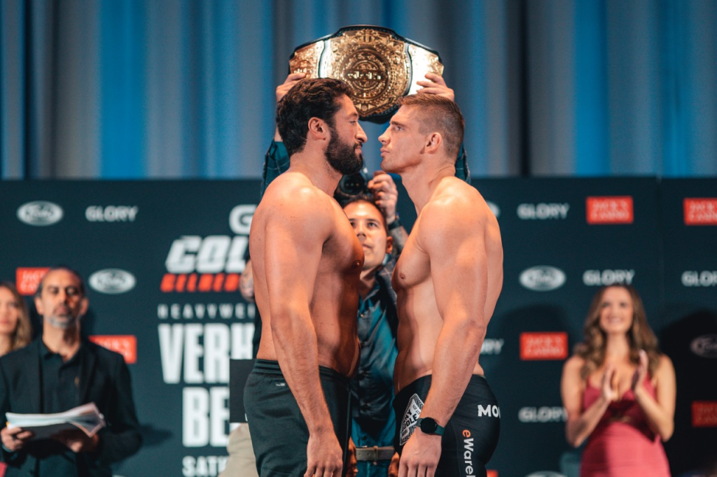 GLORY Collision 3, Heavyweight title challenger Jamal Ben Saddik –left, Champion Rico Verhoeven –right (Photo credit: GLORY Kickboxing)