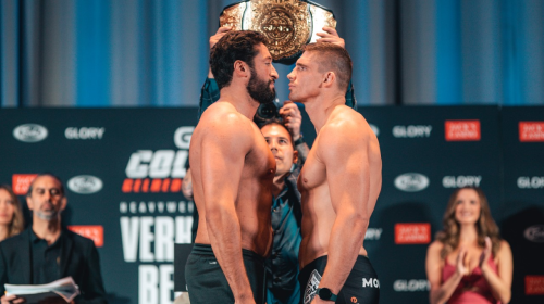 GLORY Collision 3, Heavyweight title challenger Jamal Ben Saddik –left, Champion Rico Verhoeven –right (Photo credit: GLORY Kickboxing)