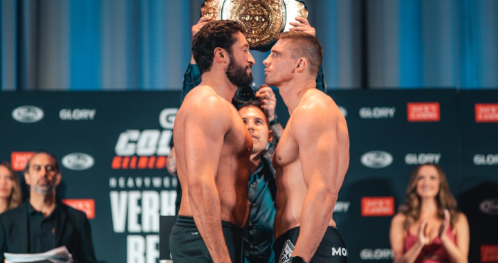 GLORY Collision 3, Heavyweight title challenger Jamal Ben Saddik –left, Champion Rico Verhoeven –right (Photo credit: GLORY Kickboxing)