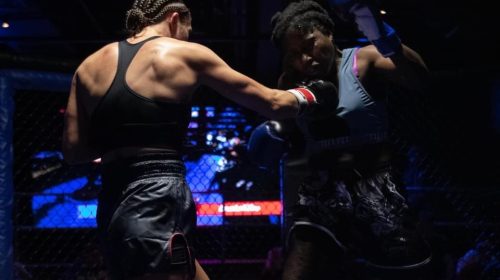 Mia Inzirilo connects with a right hand to the chin of Sharneka Wright. (Photo captured by Peter Scifo)