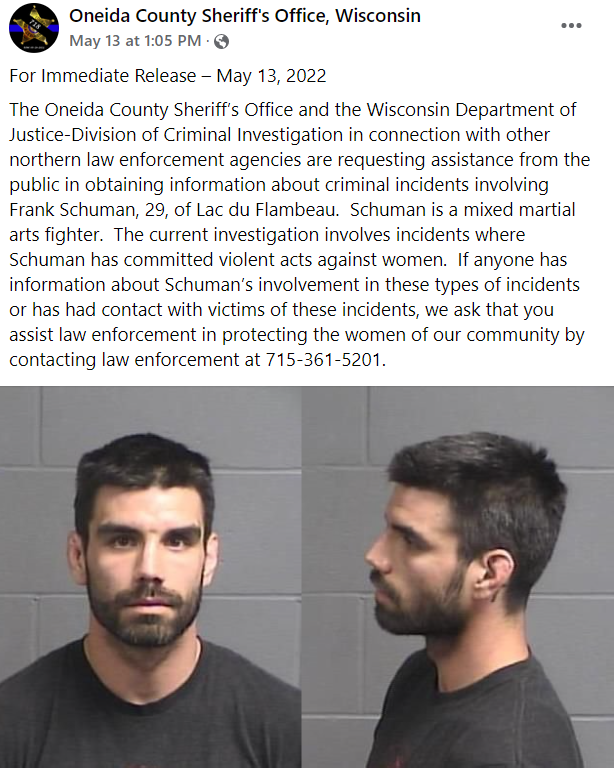 Frank Schuman, MMA fighter from Wisconsin accused of ‘violent acts against women’