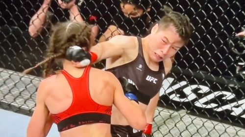 Weili Zhang KO's Joanna Jedrzejczyk with spinning back fist at UFC 275