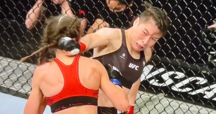 Weili Zhang KO's Joanna Jedrzejczyk with spinning back fist at UFC 275