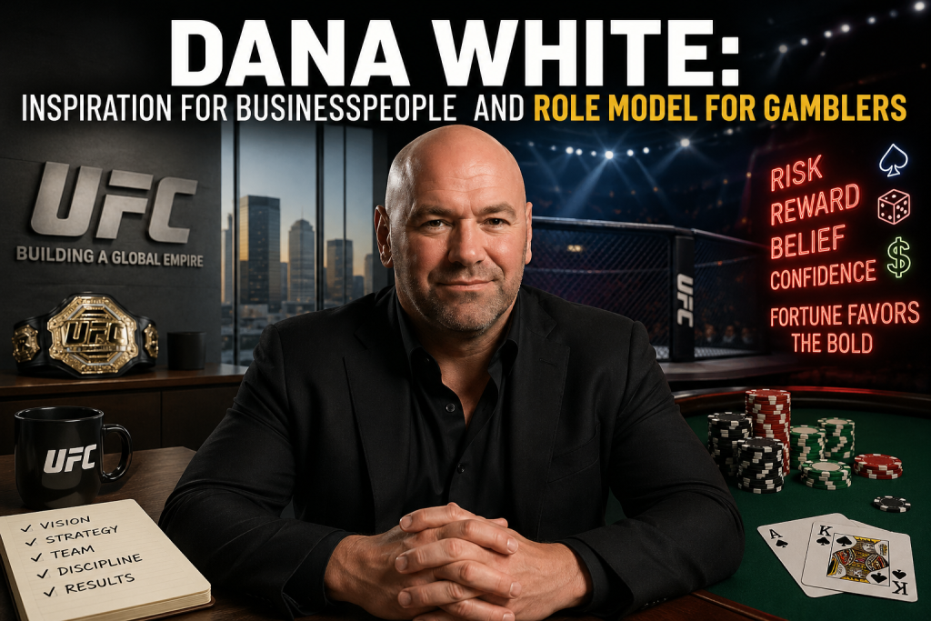 Portrait of Dana White in a black suit seated at a poker-table setup, UFC belt on the shelf, a notebook with a checklist, a UFC mug, and stacks of poker chips, with neon red signs in the background reading risk, reward, belief, confidence.