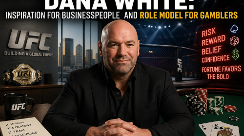 Portrait of Dana White in a black suit seated at a poker-table setup, UFC belt on the shelf, a notebook with a checklist, a UFC mug, and stacks of poker chips, with neon red signs in the background reading risk, reward, belief, confidence.