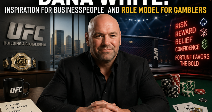 Portrait of Dana White in a black suit seated at a poker-table setup, UFC belt on the shelf, a notebook with a checklist, a UFC mug, and stacks of poker chips, with neon red signs in the background reading risk, reward, belief, confidence.