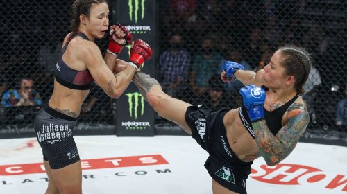 Liz Carmouche vs Juliana Velasquez (Credit: Lucas Noonan/BELLATOR MMA)