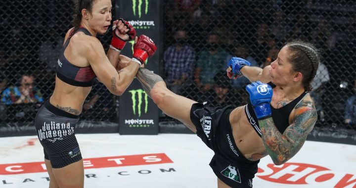 Liz Carmouche vs Juliana Velasquez (Credit: Lucas Noonan/BELLATOR MMA)