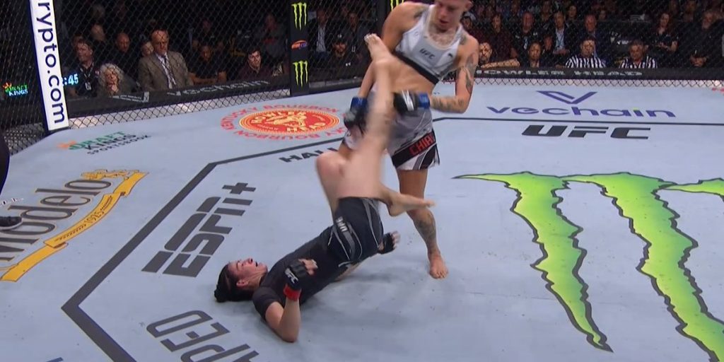 Irene Aldana KO's Macy Chiasson late with upkick to the body at UFC 279