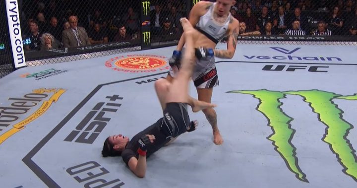 Irene Aldana KO's Macy Chiasson late with upkick to the body at UFC 279