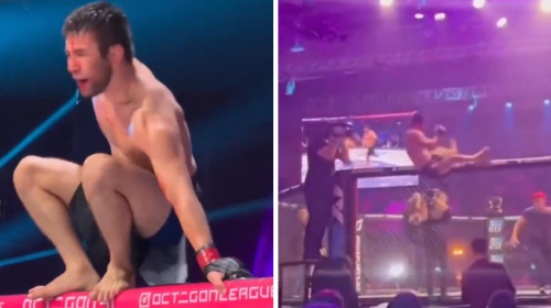 Teymur Zhaparov, MMA fighter falls off cage in post-fight celebration - VIDEO