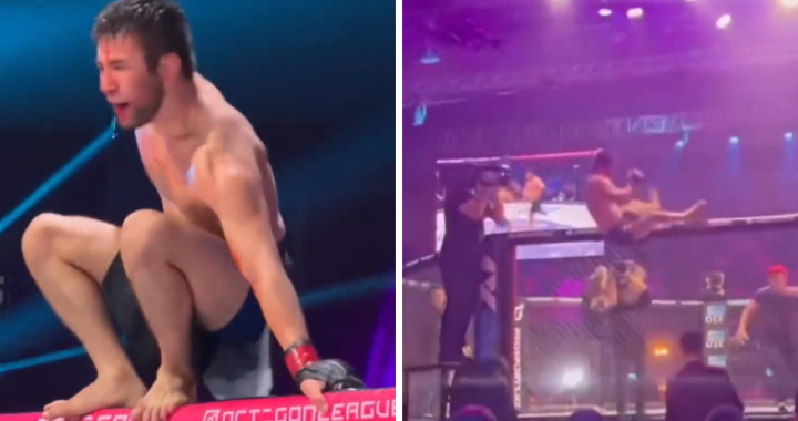Teymur Zhaparov, MMA fighter falls off cage in post-fight celebration - VIDEO