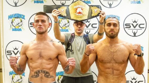 Jimmy Drago (left) vs. Gabe Barletta (right) - Maverick MMA promoter Willy Sisca (center) - Maverick MMA 22