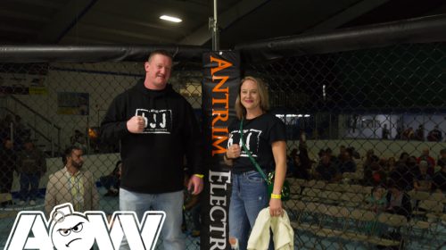 Greg McErlain and Nadia Bilynsky (Antrim Electric owners) at Art of War Cage Fighting - Photo by William McKee for AOW