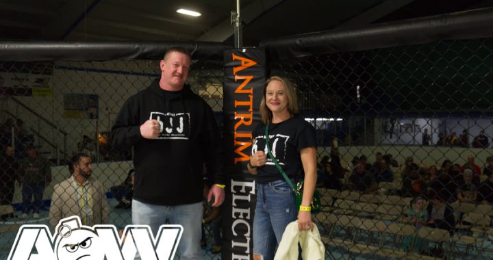 Greg McErlain and Nadia Bilynsky (Antrim Electric owners) at Art of War Cage Fighting - Photo by William McKee for AOW