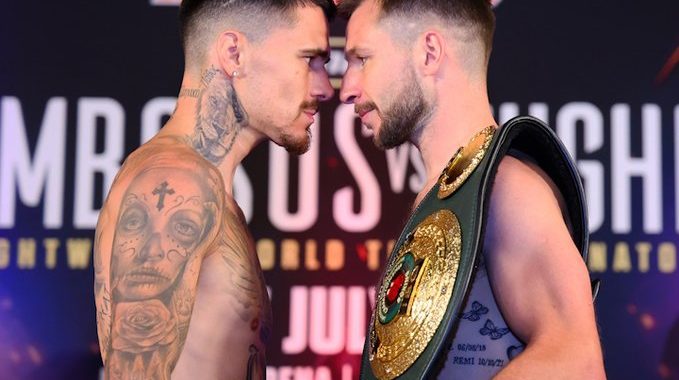 George Kambosos and Maxi Hughes stare down before their fight.