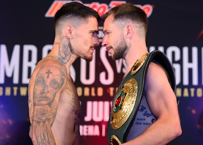 George Kambosos and Maxi Hughes stare down before their fight.