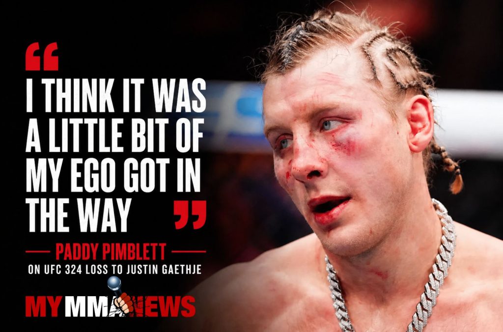 Paddy Pimblett with a bruised face and braided hair, left-aligned bold quote about ego on a black background, image from MyMMANews.