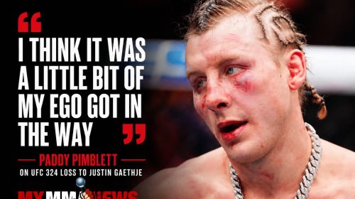 Paddy Pimblett with a bruised face and braided hair, left-aligned bold quote about ego on a black background, image from MyMMANews.