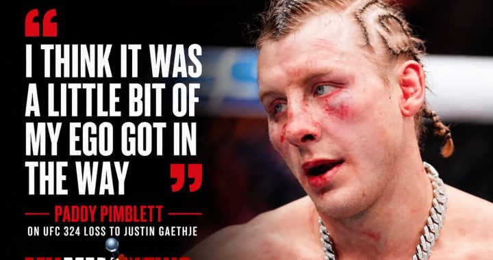 Paddy Pimblett with a bruised face and braided hair, left-aligned bold quote about ego on a black background, image from MyMMANews.