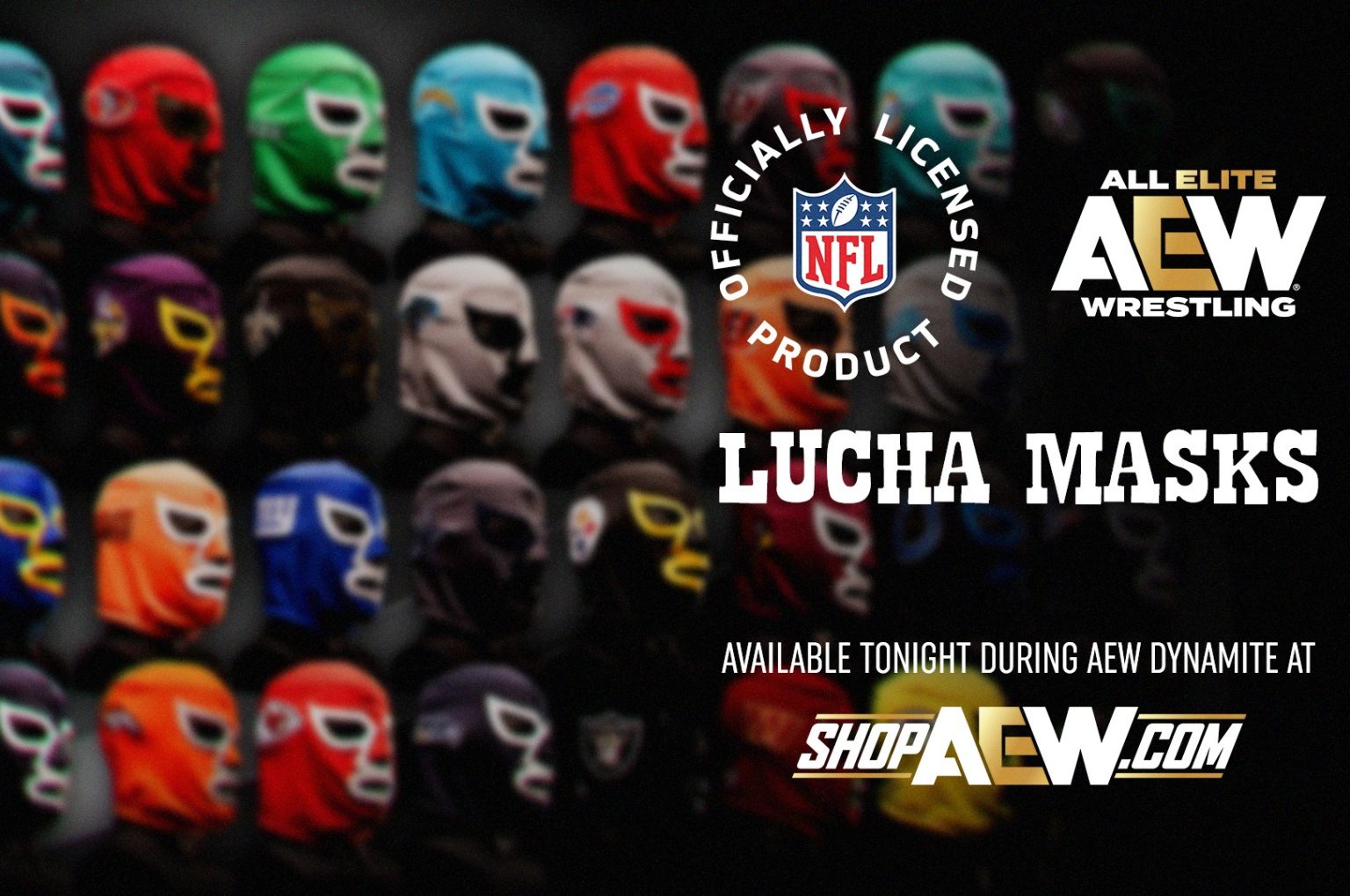 Lucha masks promotional banner with colorful masked faces and AEW branding; text advertises availability tonight at shopAEW.com.