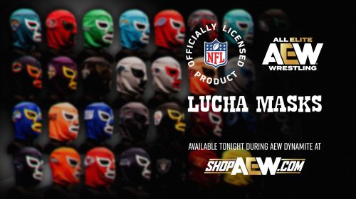 Lucha masks promotional banner with colorful masked faces and AEW branding; text advertises availability tonight at shopAEW.com.