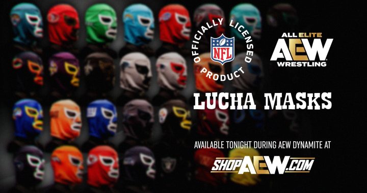 Lucha masks promotional banner with colorful masked faces and AEW branding; text advertises availability tonight at shopAEW.com.