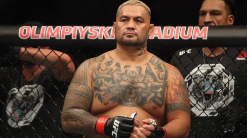 Tattooed UFC fighter with red gloves standing inside the cage at Olimpiyskiy Stadium.
