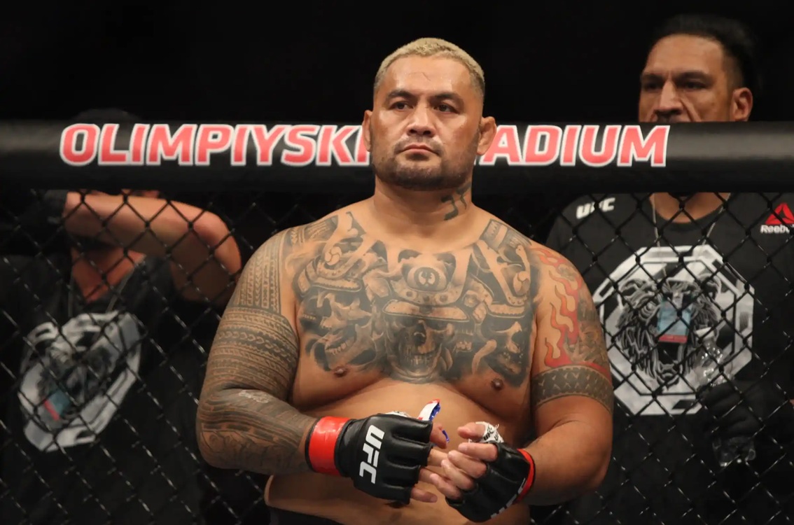 Tattooed UFC fighter with red gloves standing inside the cage at Olimpiyskiy Stadium.