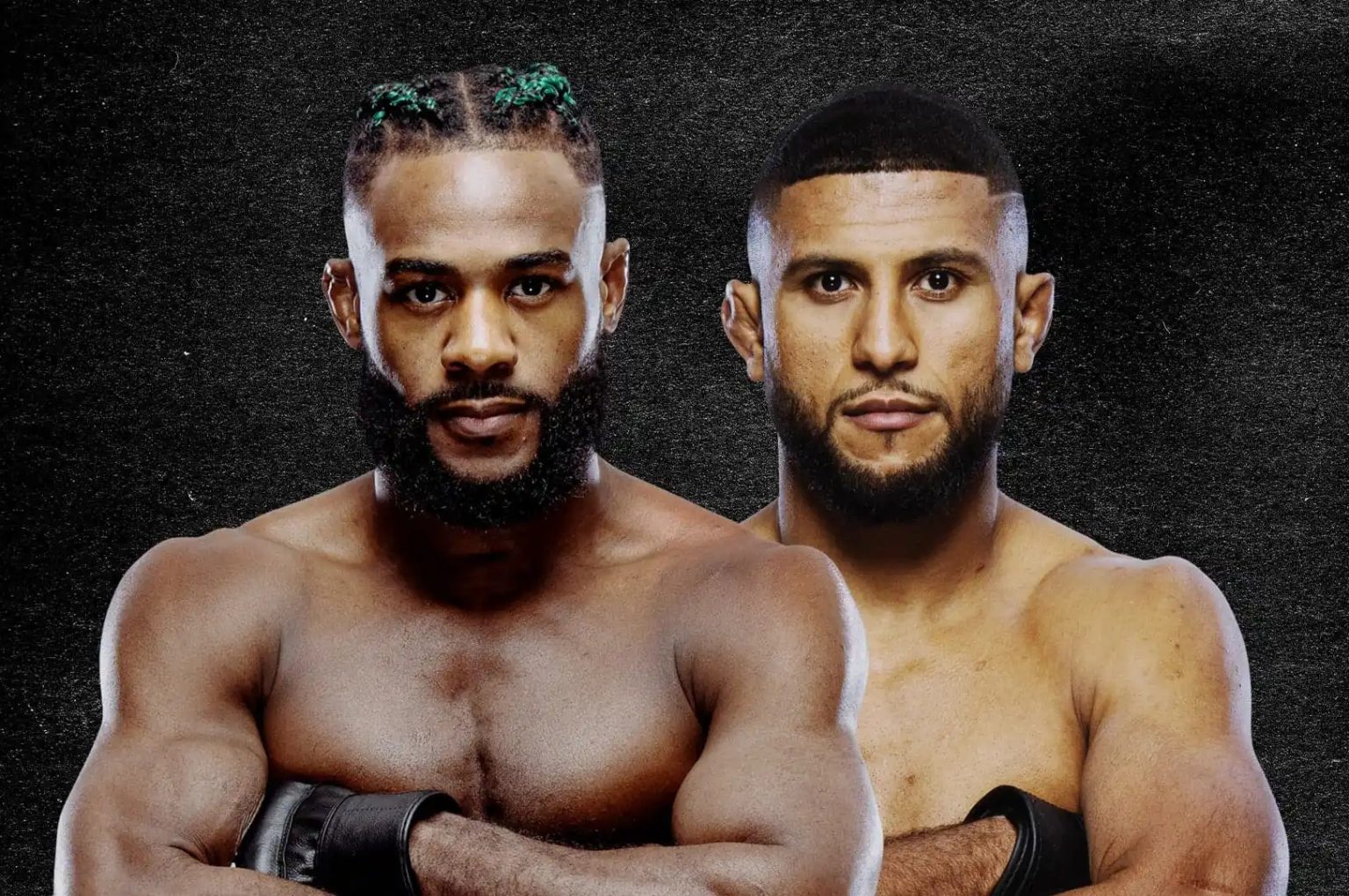 Two shirtless male boxers stand shoulder to shoulder with arms crossed, wearing gloves against a dark textured background.