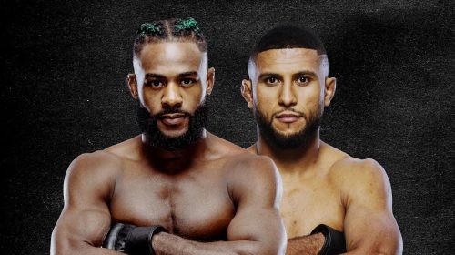 Two shirtless male boxers stand shoulder to shoulder with arms crossed, wearing gloves against a dark textured background.