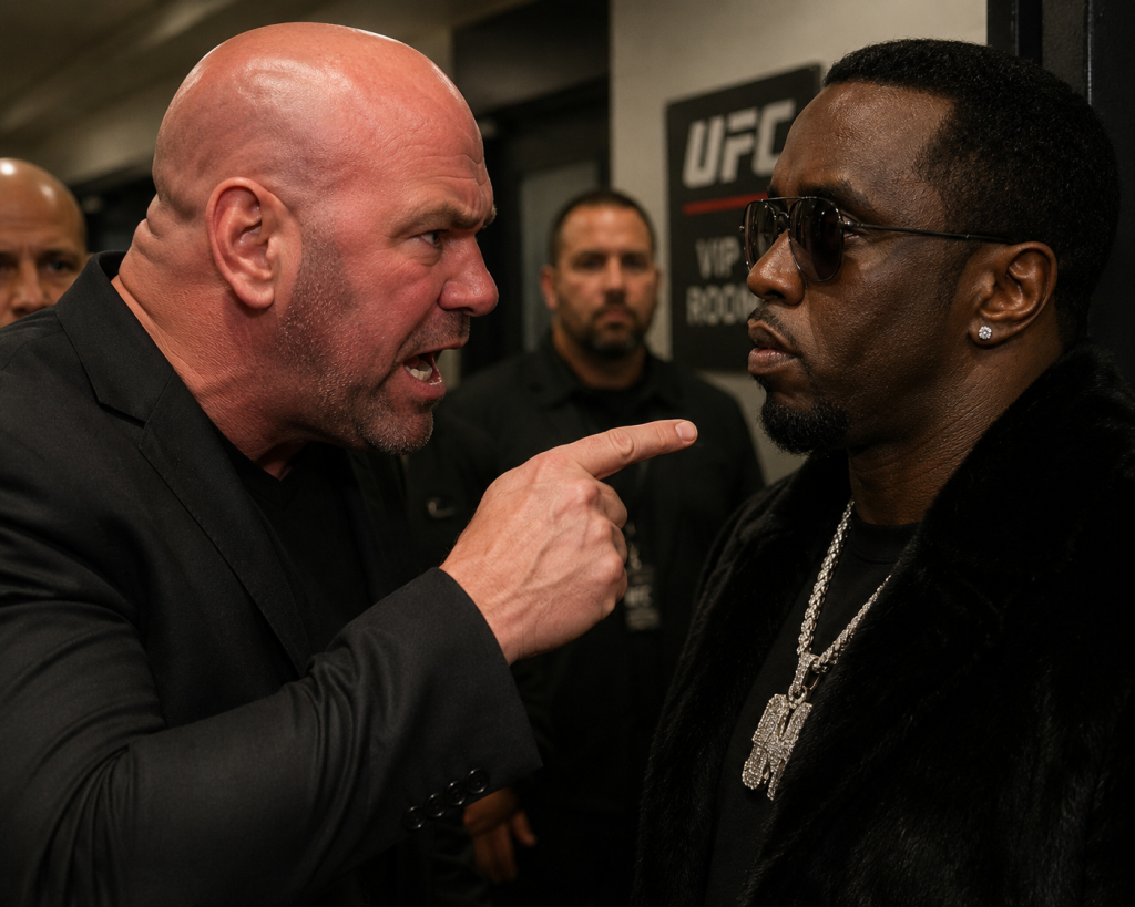 Angry bald man, shouting and pointing a finger at a calm man in sunglasses and a fur coat, as security stands nearby in a UFC backdrop.