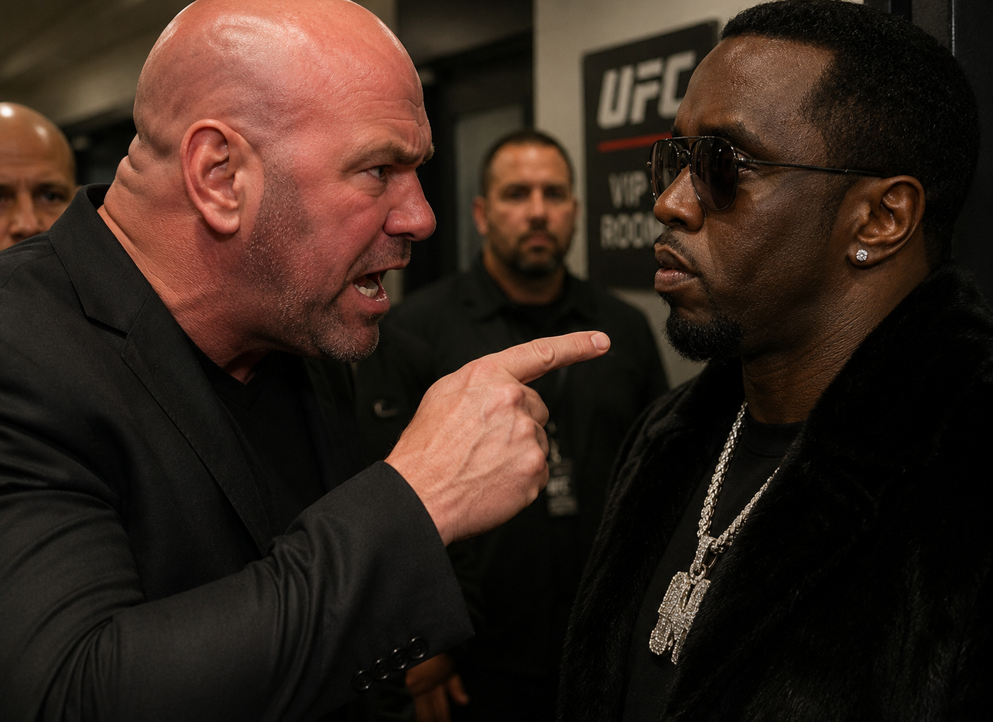 Angry bald man, shouting and pointing a finger at a calm man in sunglasses and a fur coat, as security stands nearby in a UFC backdrop.
