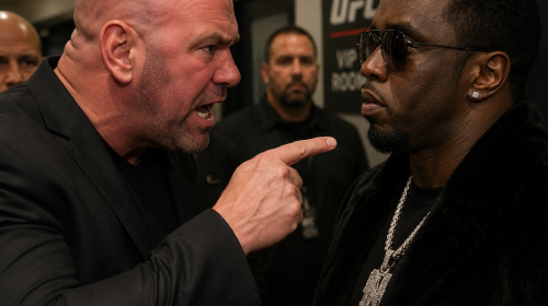 Angry bald man, shouting and pointing a finger at a calm man in sunglasses and a fur coat, as security stands nearby in a UFC backdrop.
