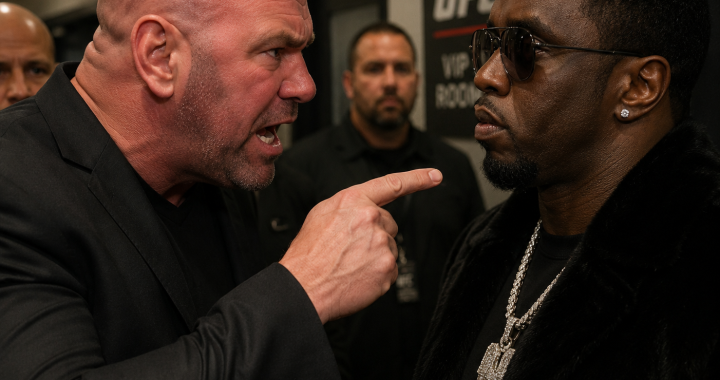 Angry bald man, shouting and pointing a finger at a calm man in sunglasses and a fur coat, as security stands nearby in a UFC backdrop.