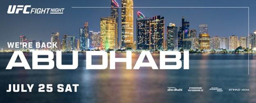 Promotional UFC Fight Night Abu Dhabi banner with a nighttime city skyline over water and the date July 25.