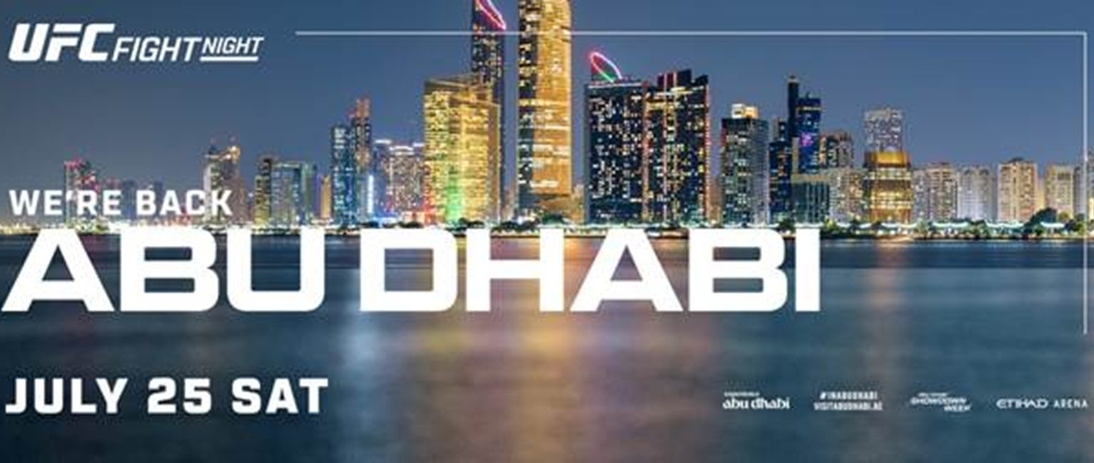 Promotional UFC Fight Night Abu Dhabi banner with a nighttime city skyline over water and the date July 25.