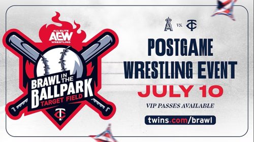 Promotional poster for AEW wrestling event 'Brawl in the Ballpark' at Target Field with crossed baseball bats and a baseball logo.